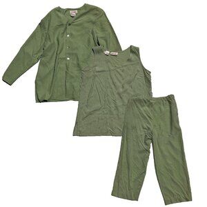 3 Piece Rafaella Petites Women Silk Olive Button Shirt, Tank Top and Pants sz P
